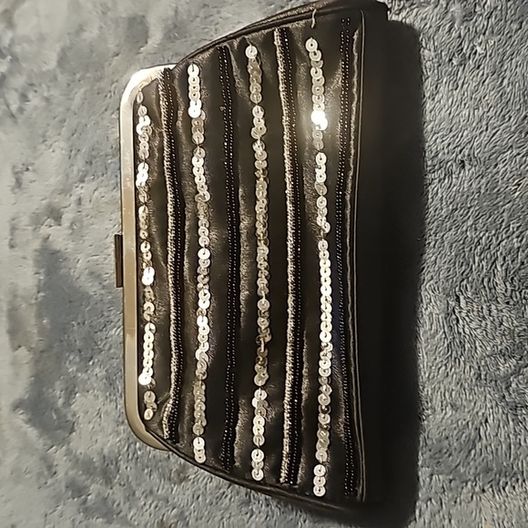 The Gap Black Satin & Silver Sequin Clutch, Push-n-Pull Silvertone Clasp Closure - Picture 6 of 8